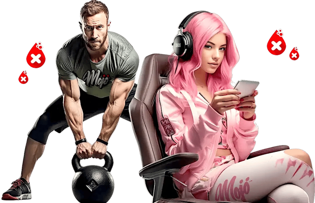 Lalaking nag-lift ng kettlebell sa tabi ng gamer girl na suot ng Mojo tracksuit
