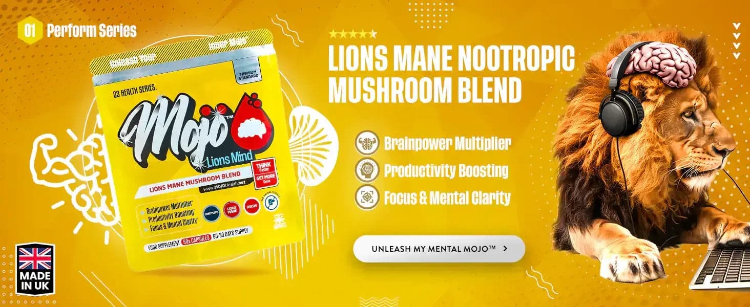 Mojo Lions Mind โ lions mane nootropic mushroom blend: multiplier ng brainpower, productivity boosting, focus at mental clarity. Unleash my mental Mojo.