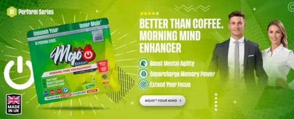 Mojo Kickstart morning mind enhancement โ mas mahusay kaysa kape, morning mind enhancer: pabilisin ang mental agility, supercharge ang memory power, palawakin ang focus. Mojo your mind.
